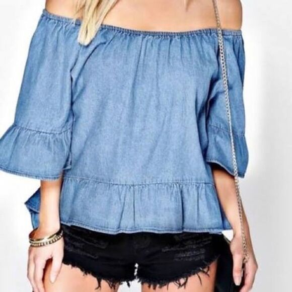 Jane and Delancey Chambray Off Shoulder Bell Sleeve Top S - Picture 1 of 4